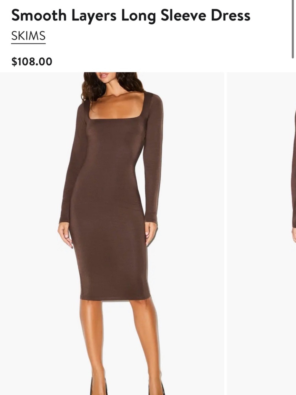 SKIMS Long Sleeve Square Neck Midi Dress — ESPRESSO